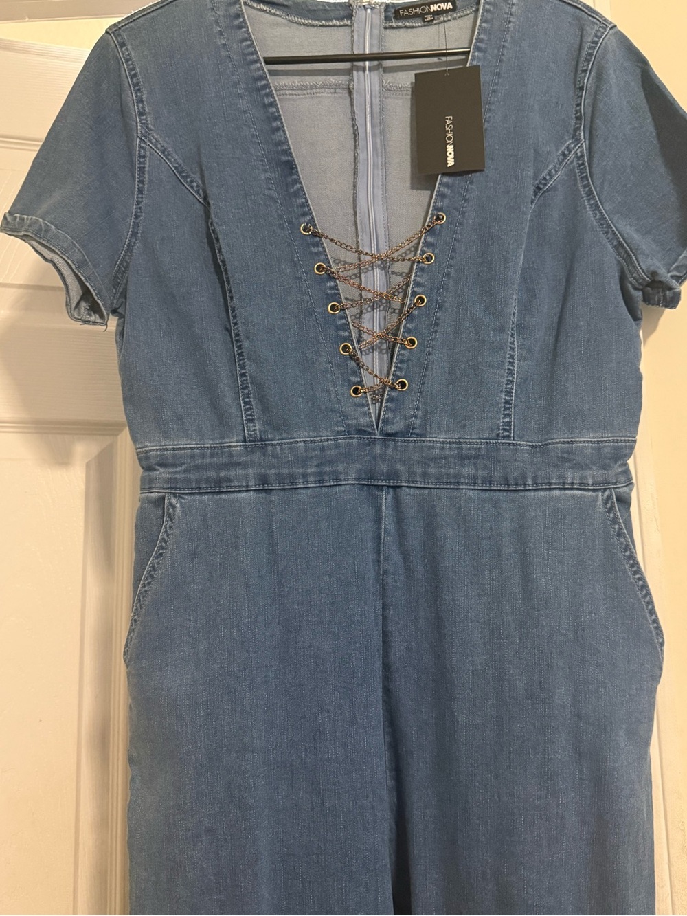 Fashion Nova Light Blue Denim Lace-Up V-Neck Jumpsuit